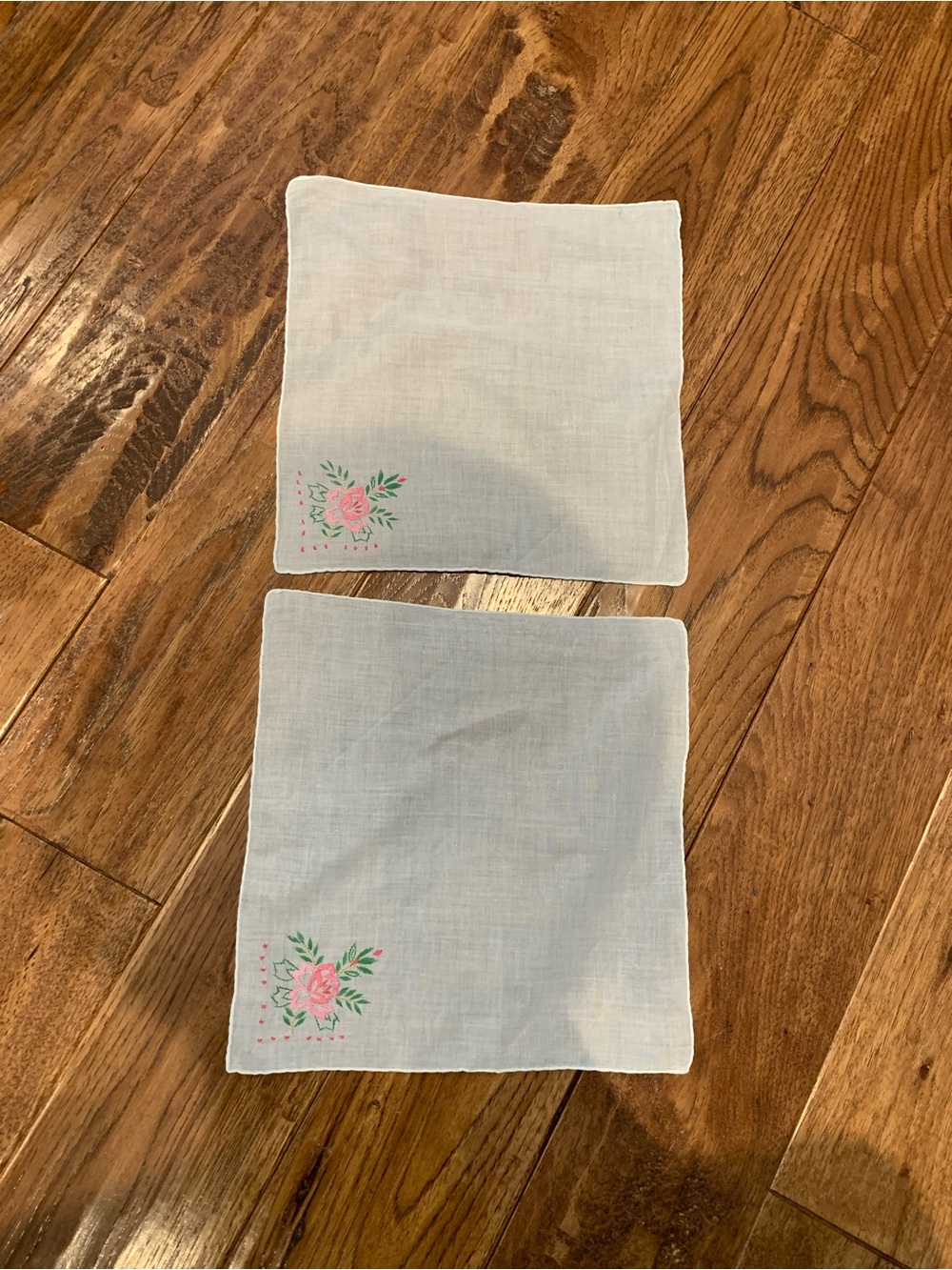 Two Vintage White Linen Pocket Squares/Napkins with Pink Rose Embroidery